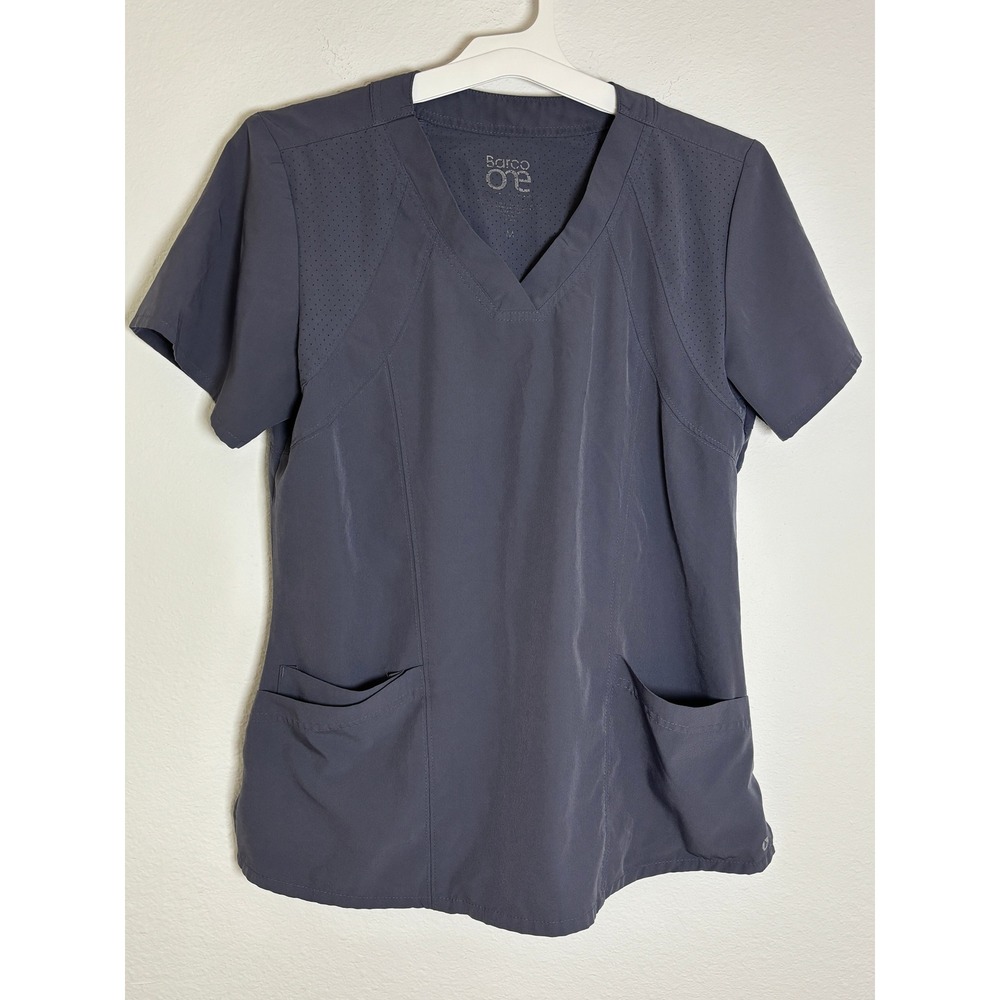 Barco One Womens Scrub Top Charcoal Grey V-Neck Perforated 4-Pocket Size M 5107